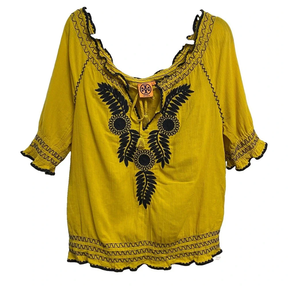 TORY BURCH Yellow&Blue Shirt Embroidered Tunic Top Oversized On/Off Shoulder-S